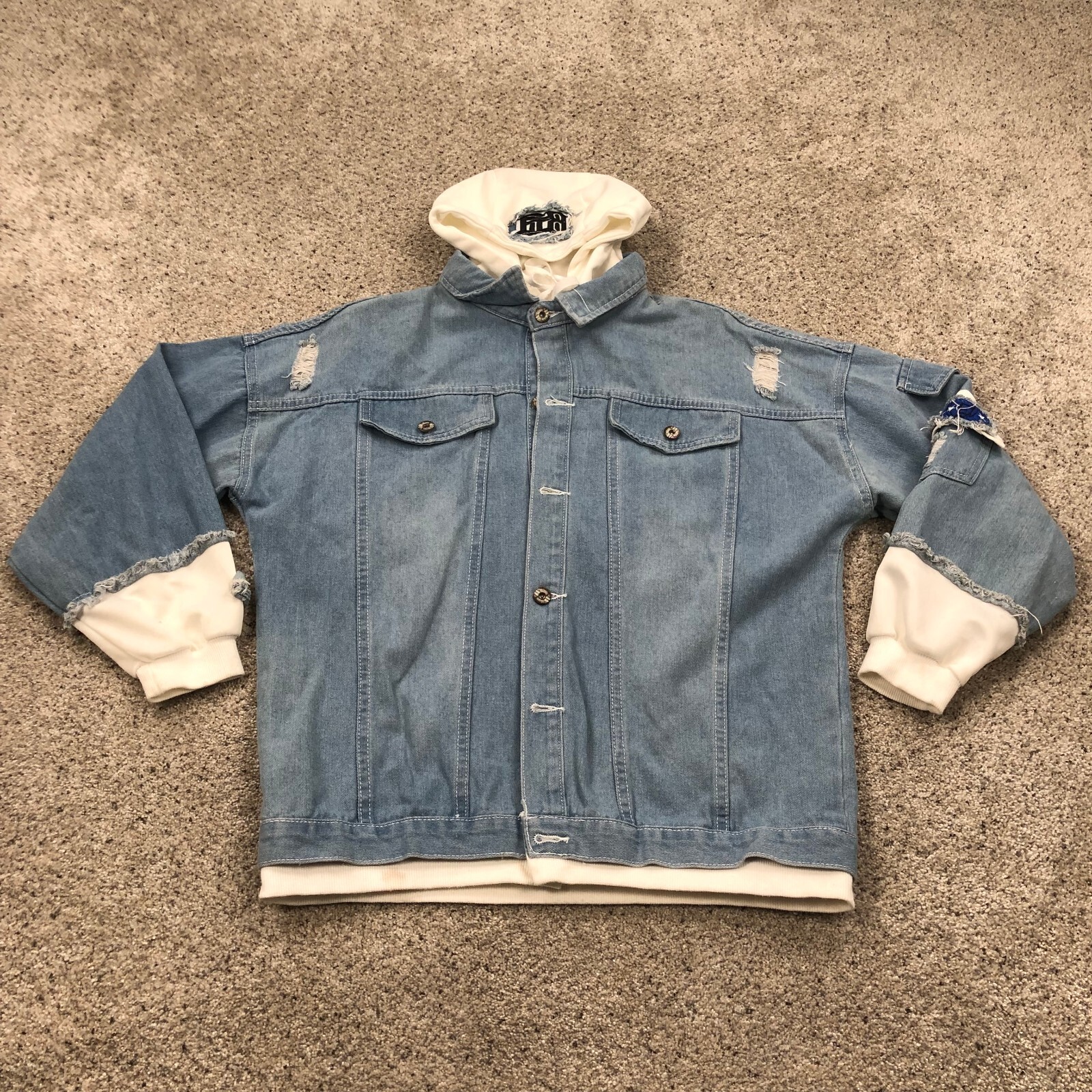 Denim Jacket Adult 2XL XXL Blue Patches Embroidered Hooded Denim Coat Streetwear-image