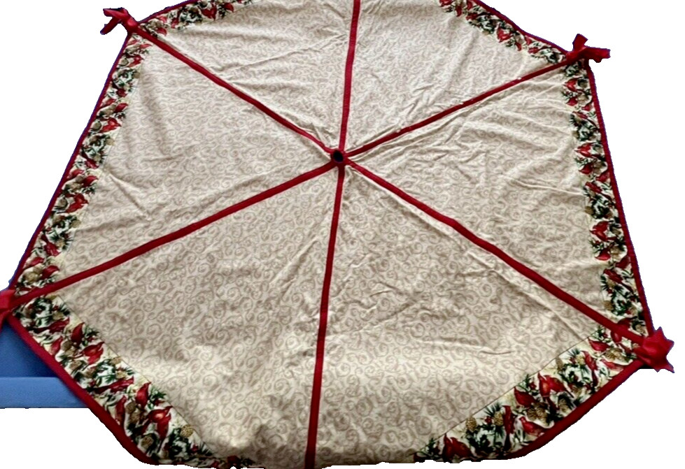 Vintage Hand Made Red Cardinal Pinecone Christmas Tree Skirt Large Hexagon 56"