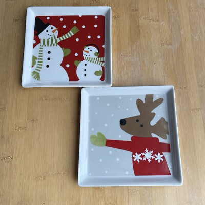 CRATE BARREL Reindeer Snowmen Square Appetizer 6