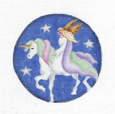 Angel Riding a Unicorn W/ Pink Mane handpainted Needlepoint Canvas Rebecca Wood