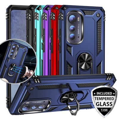 For Motorola Edge 2022 5G Ring Case Magnetic Support Metal Stand +Tempered Glass