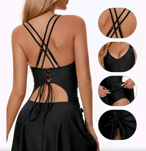 Women's One-Piece Swimsuit, Sexy Tummy Control V Neck With Skirt Hem Sz S - 第 1/8 張圖片