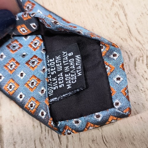 Hugo Boss Neck Tie 100% Silk Jacquard Silver And Orange Geometric Square Pattern - Picture 8 of 10