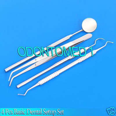 ODM 4-Piece Basic Dental Setup Kit - Mirror, Probe, Pliers, Excavator (Stainless Steel)