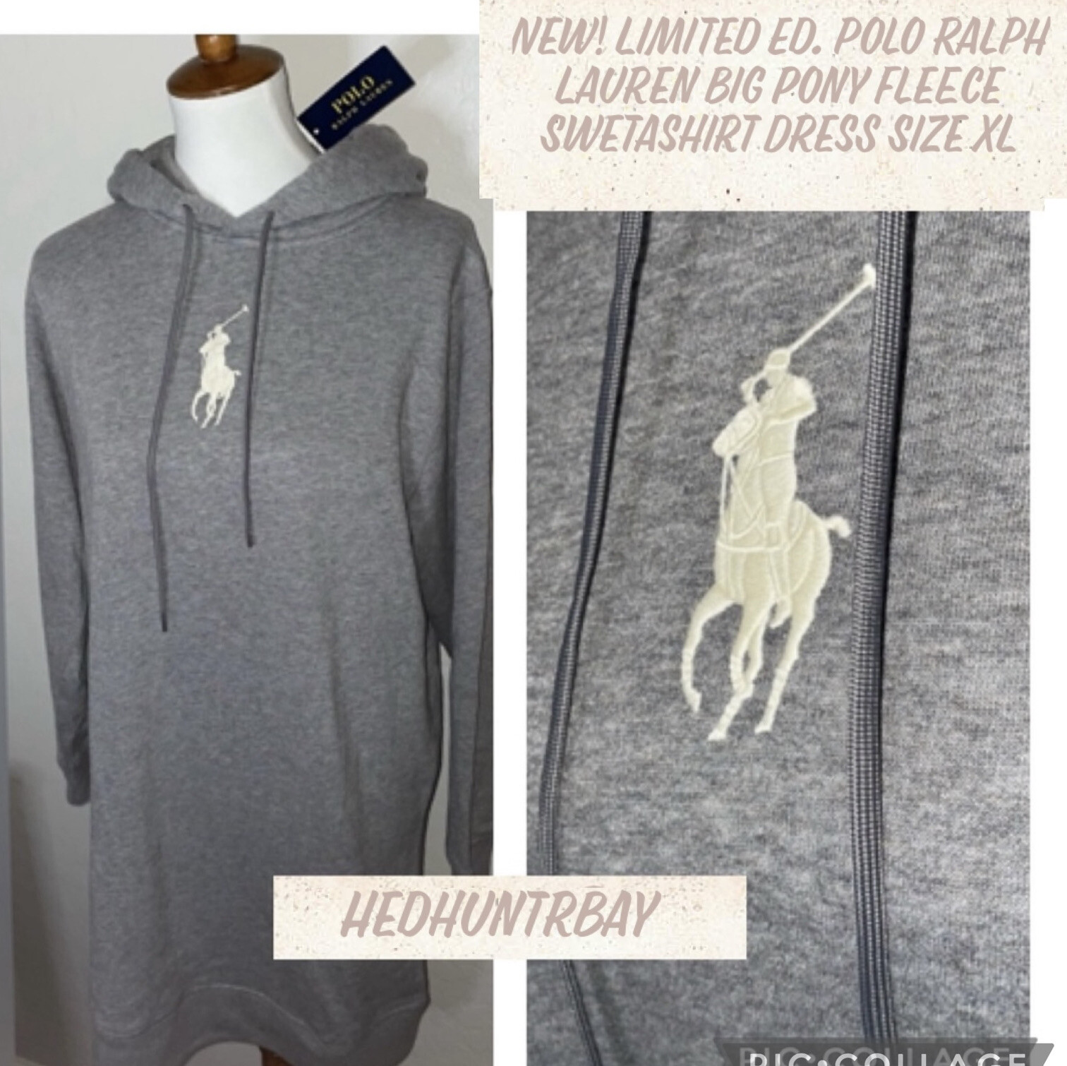Nuovo! Polo RL Ricamata Grande Pony Grigio Crema Pile Felpa Abito X Large?