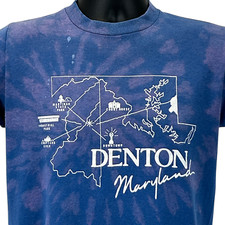 Vintage 90s Denton Maryland T Shirt Map Made In USA Tie Dye Blue Mens S Small