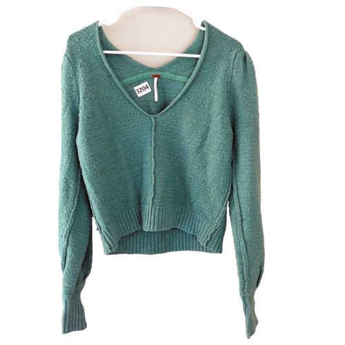 Free People Womens Green Pullover Sweater Small Ribbed Knit V Neck Long Sleeve - Picture 1 of 10