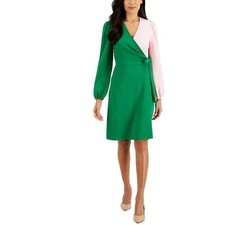 NEW Kasper Fall V-Neck Green Textured Sheath Dress Business Puff Sleeves 2X Midi