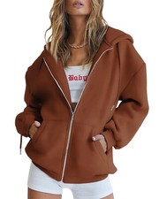 Women Long Sleeve Plain Hoodie Tops Ladies Casual Baggy Zip Up Hooded Sweatshirt