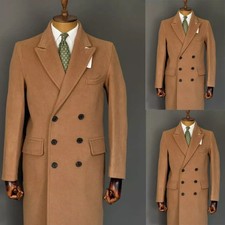 Vinatge Camel Men's Overcoat Cashmere Double Breasted Outdoor Warm Long Jacket