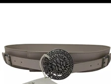 Free People Statement Medallion Wide Leather Belt Gray Double Buckle M/L