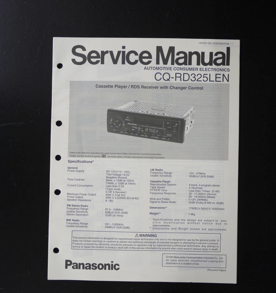 Original PANASONIC CQ-RD325LEN Car Cassette Player Service Manual / Anleitung O7 - Bild 1 von 1