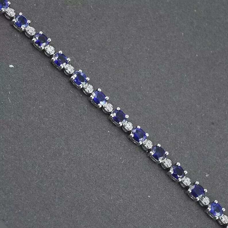 6Ct Blue Oval Cut Lab-Created Diamond Women Chain Bracelet 14K White Gold Plated - Image 3 of 4
