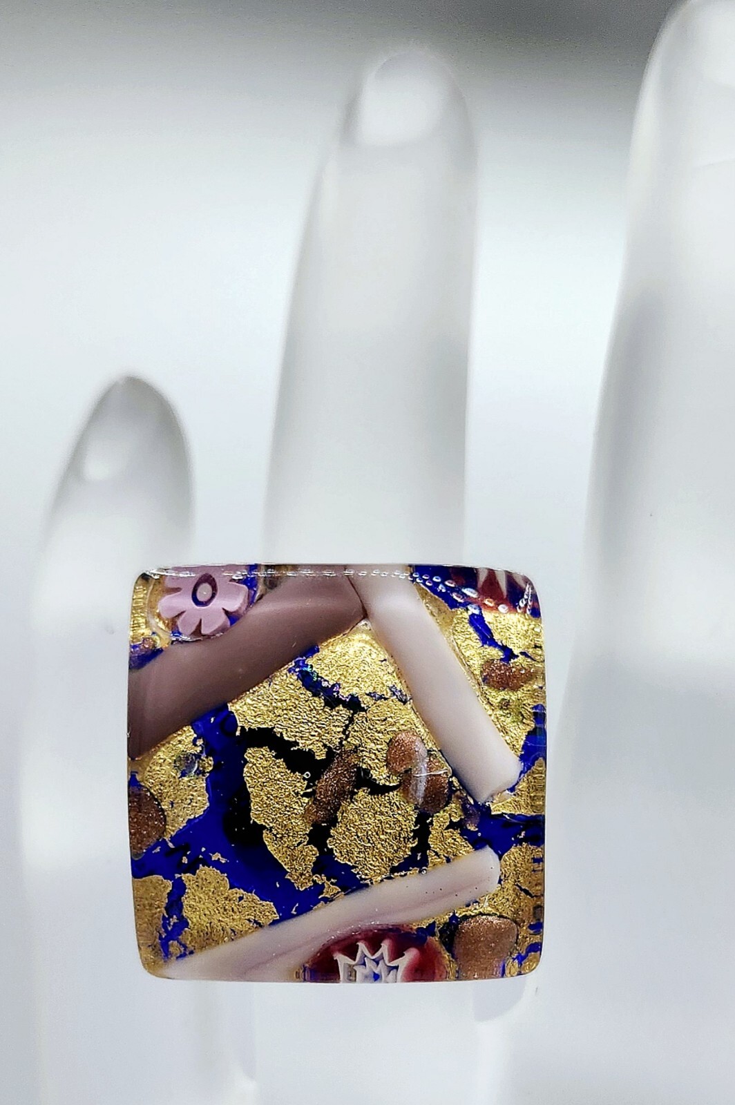 Vetro Murano Signed Italy Millefiori Gold Foil Big Square Glass Ring Adjustable