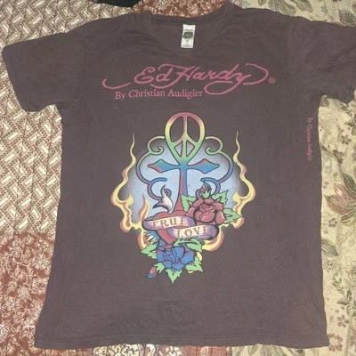 Vintage Y2k Ed Hardy True Love Purple T Shirt V Neck Size Large - Image 1 of 4