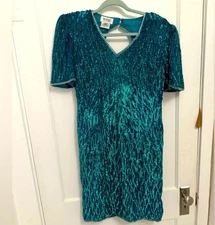 Mark & John B2&US Vintage 80’s Silk Evening Party Dress Teal Sequin (size 6)
