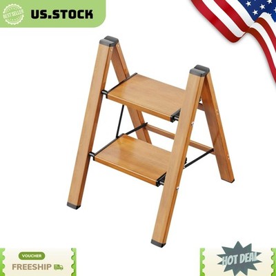NEW 2-Step Aluminum Folding Ladder Anti-Slip Wide Pedals 330lb Woodgrain