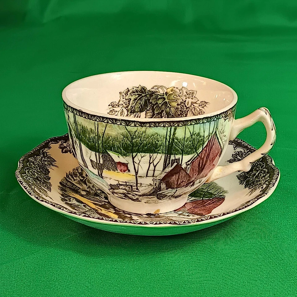 Juego de 8 tazas y platillos Johnson Bros Friendly Village Ice House Scene té vintage Foto 3 de 4