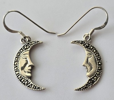 Vintage 925 Crescent Moon Man in the Moon Earrings with Maracasite accents