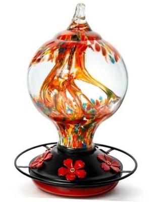 Hummingbird Feeder for Outdoors, 34 oz Hand-Blown Glass Bird A Sunset Red