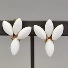 Vintage Milk Glass Clip On Earrings Leaf Marquise Flower Gold Tone 1.25"