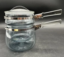 Vtg Pyrex Flameware Blue 6763-U 6763-L Glass Double Boiler Pots Fin Lid 1-1/2 Qt