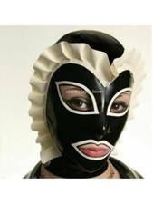 Handmade Latex Hood Rubber Mask Back Zip Black with white Cosplay Costume