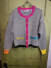Vintage 1990's L'eau Vive Cardigan Sweater Houndstooth Black White Pink Blue...