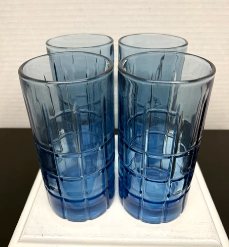 Vintage Set of 4 Blue Heavy Anchor Hocking Tartan Glass Tumblers 6" High