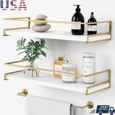 Floating Bathroom Shelves Wall Mounted Organizer W/ Towel Bar Hooks 2 Set New