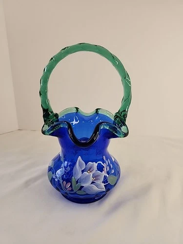 Fenton Cobalt Blue Morning Glory Floral Rib Optic Basket Signed K. Rowe