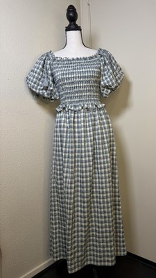 Max Studio Smocked Gingham Print Prairie Midi Dress Puff Sleeves Sz Med
