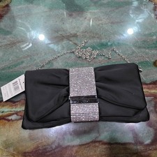 Black Satin Evening Clutch Shoulder Rhinestone Chain Strap