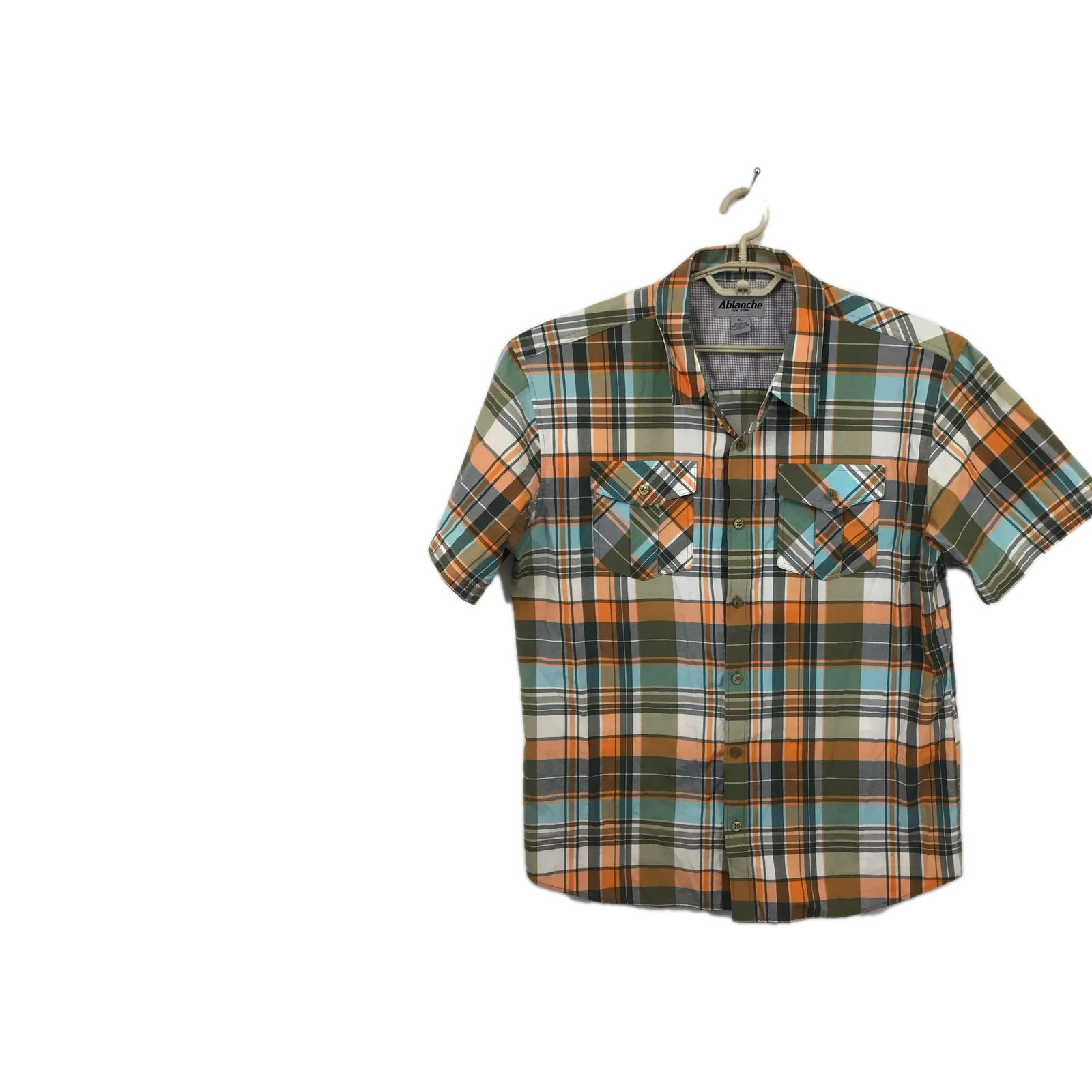 Ablanche Mens Shirt Outdoor Hiking Short Sleeve Shirt Orange Multi  Plaid Sz XL