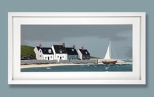Contemporary Minimal wall art  Coastal Scottish Cottages Sailboat  White Framed