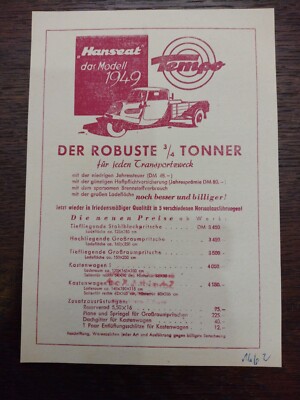Original Tempo Hanseat 1949  Prospekt - Verkaufsprospekt - Preisliste
