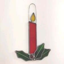 Vintage Stained Glass Christmas Candle Sun Catcher Holly Red Green Hanging