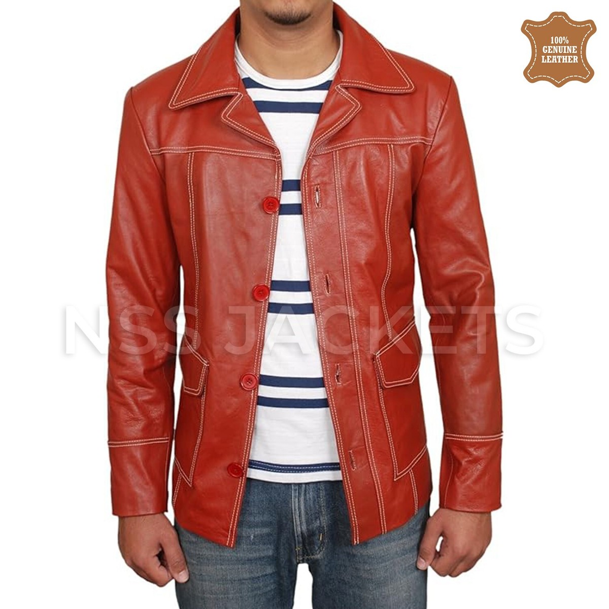 Fight Club Brad Pitt Real Leather Jacket FC Coat Red Jacket
