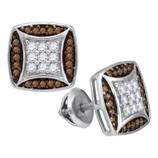 10kt White Gold Womens Round Brown Diamond Square Cluster Earrings 1/2 Cttw