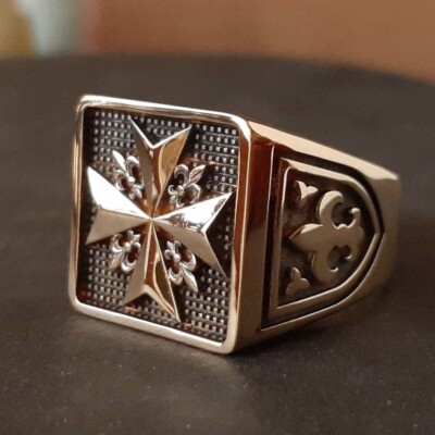 Knights of Malta Ring Silver Gold Plated Black Maltese Cross Men's Jewelry