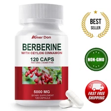 Premium Berberine HCL 5000MG Plus Organic Ceylon Cinnamon - 60/120 Capsules