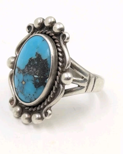 VINTAGE NAVAJO BELL TRADING STERLING SILVER & TURQUOISE RING SIZE 6.5" U024