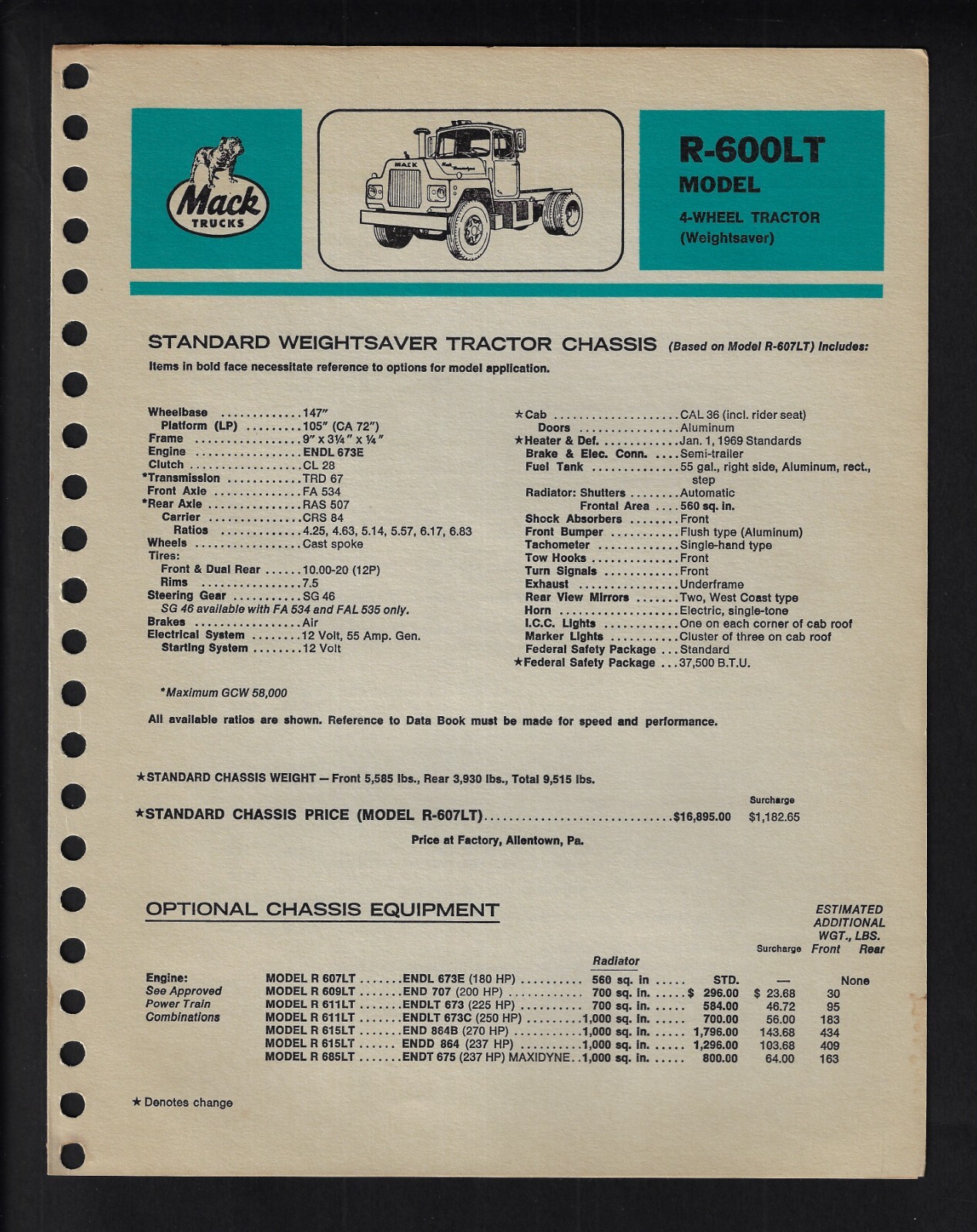 MACK TRUCKS MODEL R-600LT [Weightsaver] 4 PAGE SPECIFICATIONS BROCHURE MAY 1969