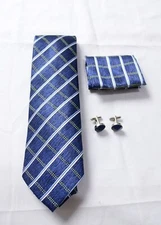 Hi-Tie Men's Printed Silk Tie Handkerchief Cufflinks Set EJ3 Blue One Size NWT