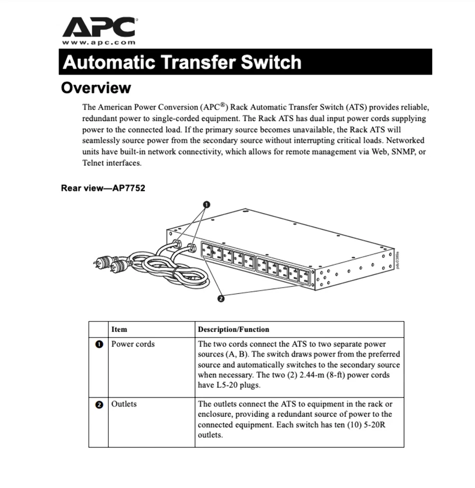 APC AP7752 Rack ATS 120V 20A L5-20P Inlet (10) 5-20R Outlets 1U Rack-Mount - Image 3 of 4