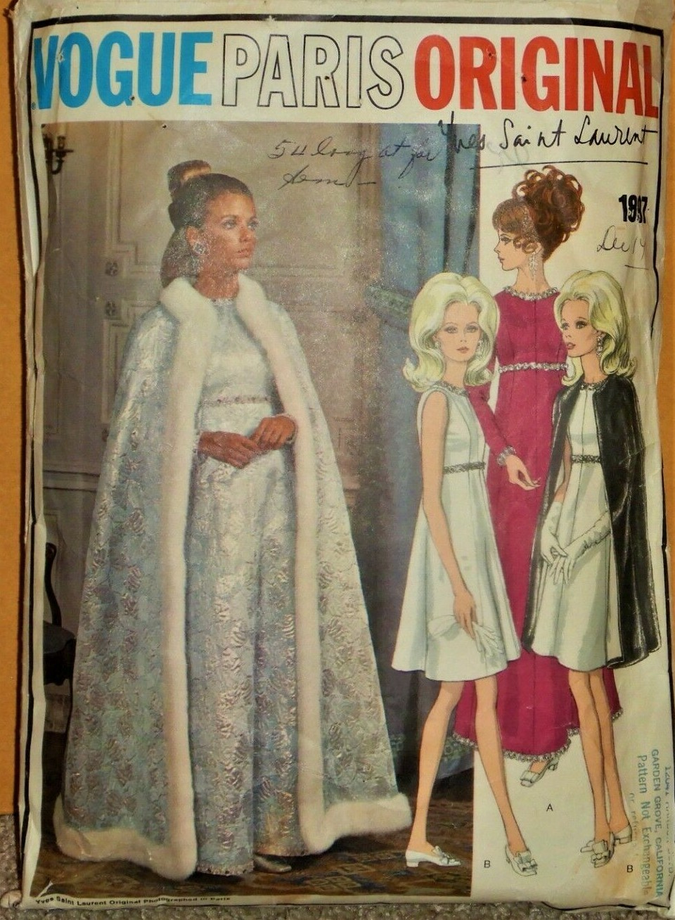 VOGUE #1897 Designer YVES SAINT LAURENT motivo mantello ed etichetta taglia 8 1960