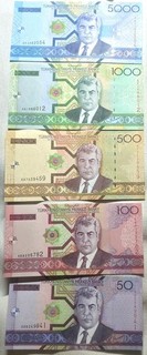 5 Banknoten unc. Turkmenistan Asien zu 50 5000 Manat Serie 2005 Geldscheine
