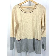 LOGO by Lori Goldstein Size L Color Blocked Cotton Slub Knit Top Beige Gray 