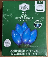 NEW Holiday Time 25 LED BLUE Ultra Bright C9 Lights Green Wire 15 Ft Long
