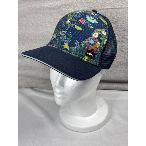 prAna Journeyman Trucker Hat Navy Blue Floral Batik Mesh Snapback Cap